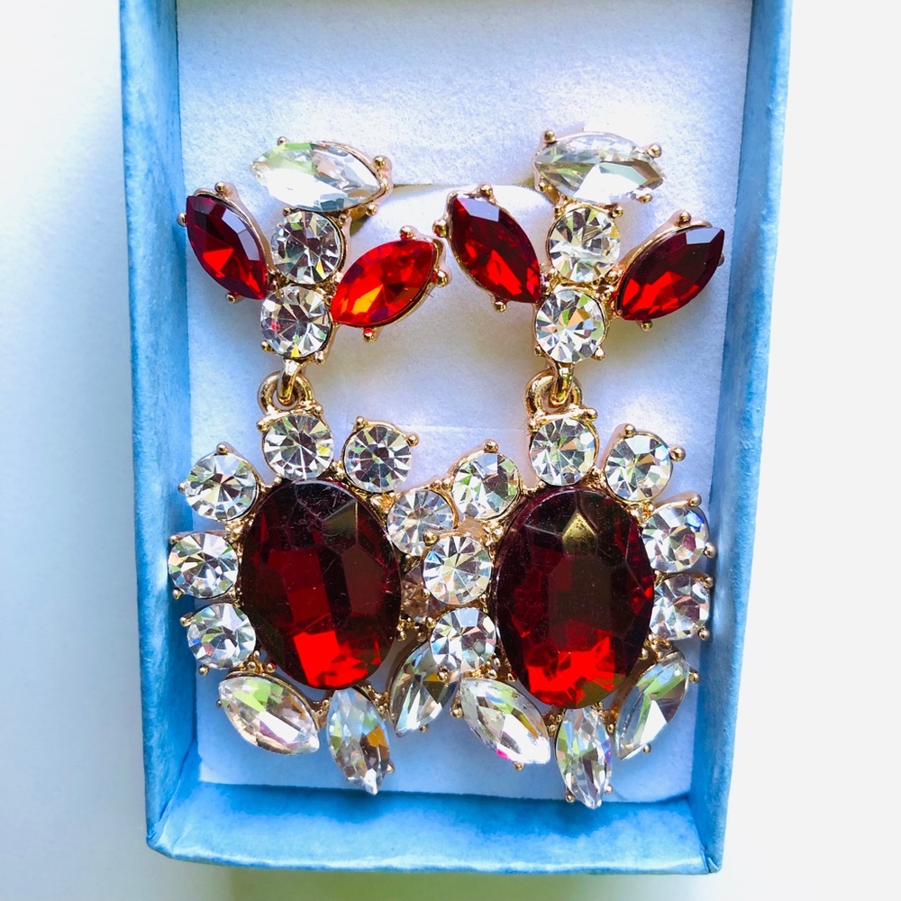Large Rube Red Crystal White Rhinestone Teardrop Chandelier Push Back Earrings